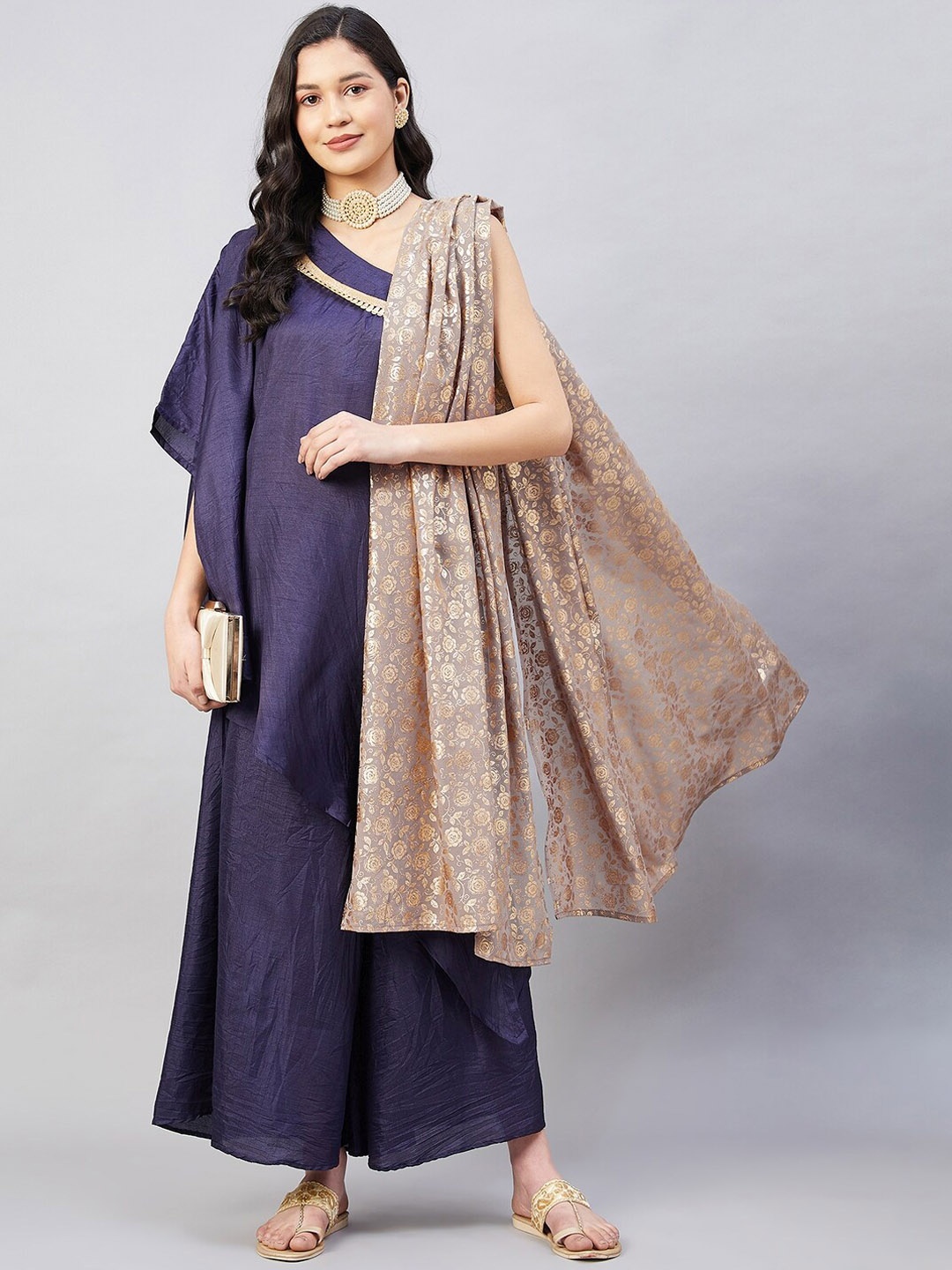 

InWeave One Shoulder Kurti With Trousers & Dupatta, Navy blue