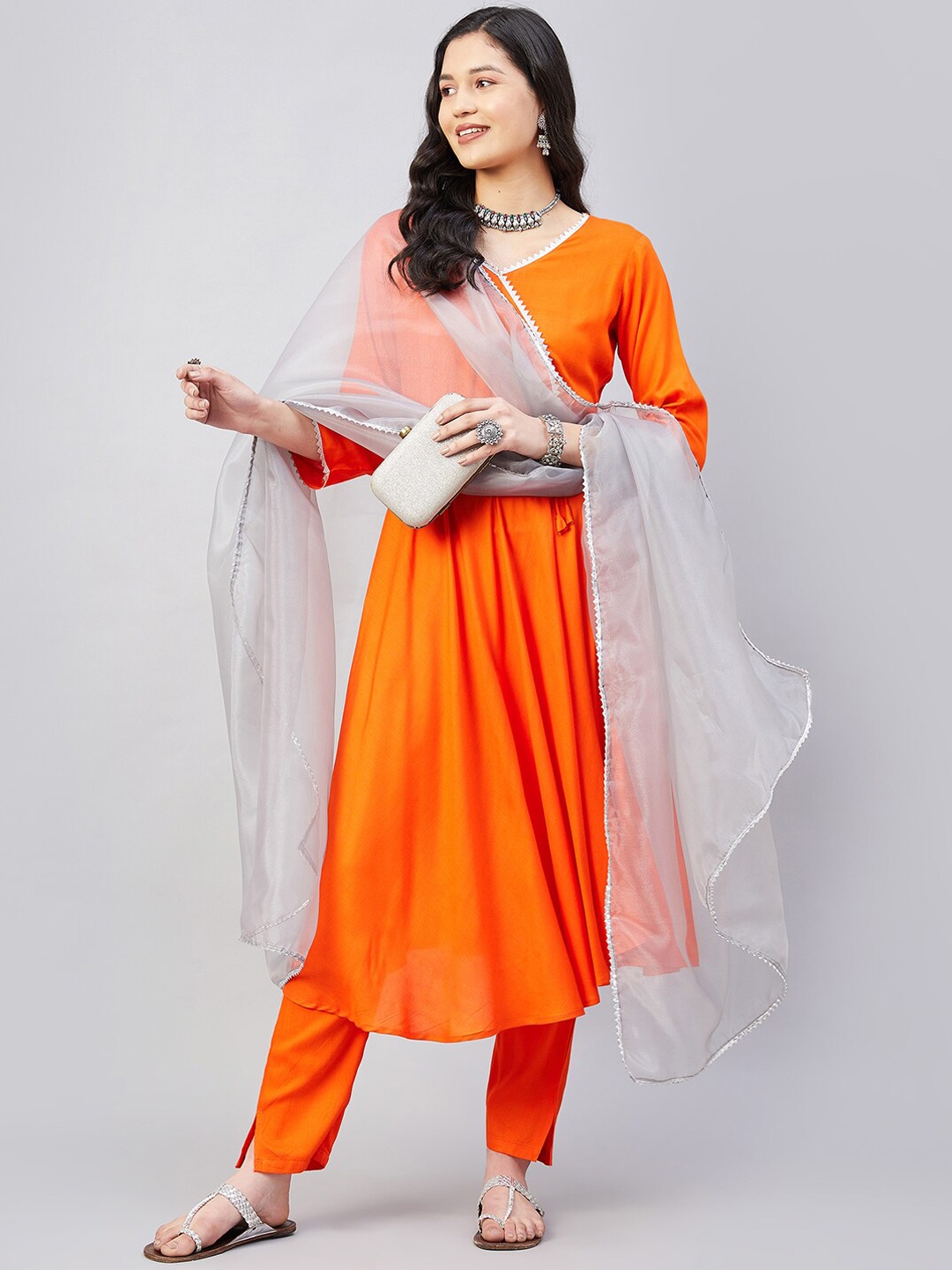 

InWeave Angrakha Gotta Patti Kurta With Trousers & Dupatta, Orange