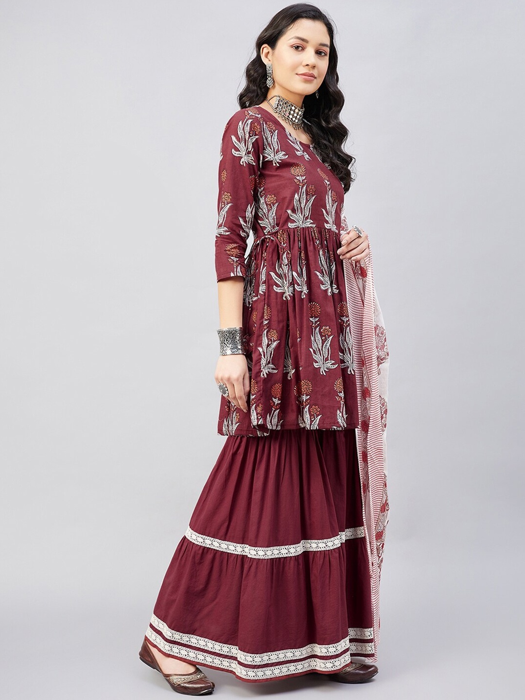 

InWeave Floral Printed Pure Cotton Kurta with Sharara & Dupatta, Rust