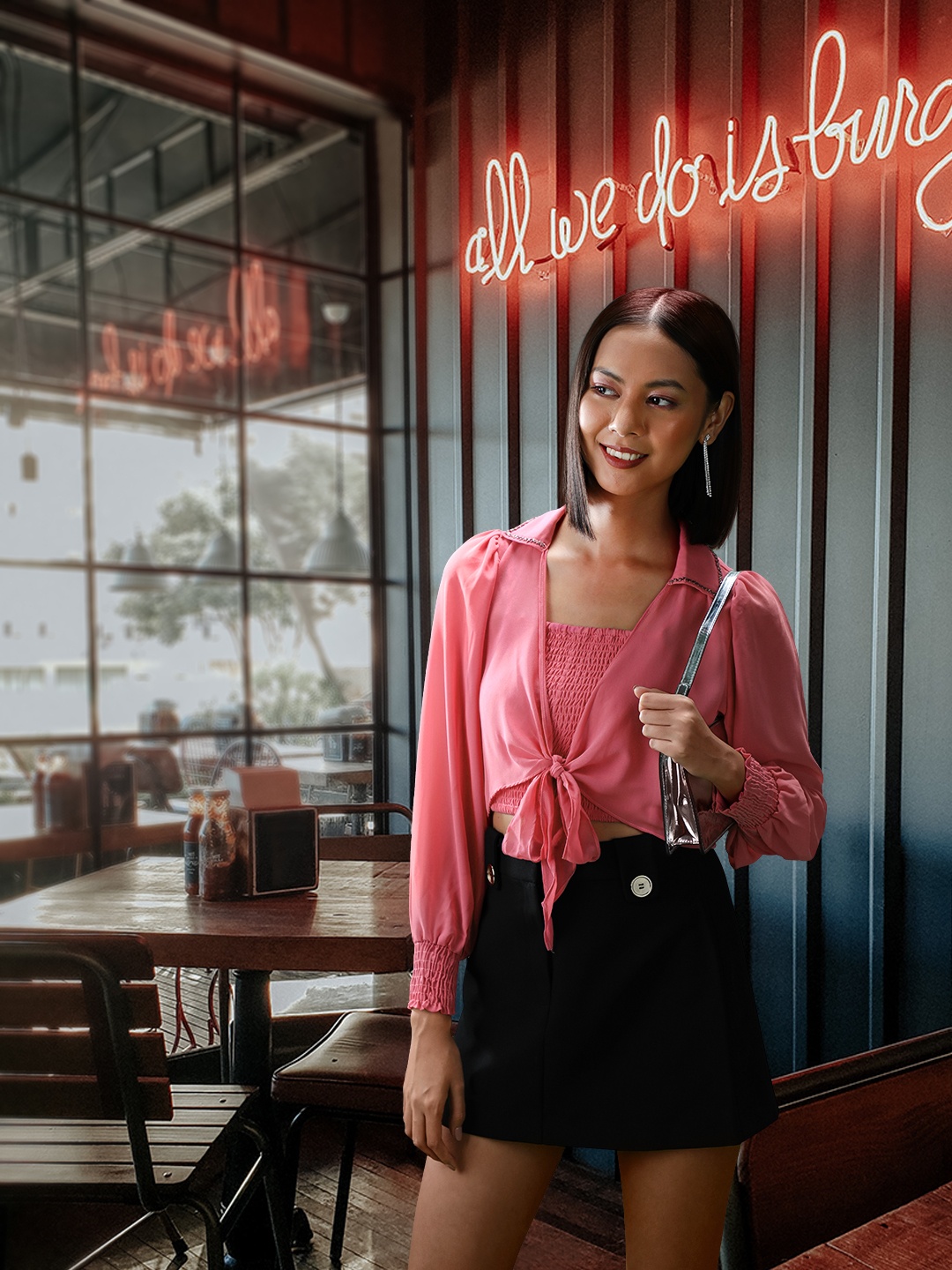 

Madame Tie-Up Crop Top with Smocked Inner, Pink