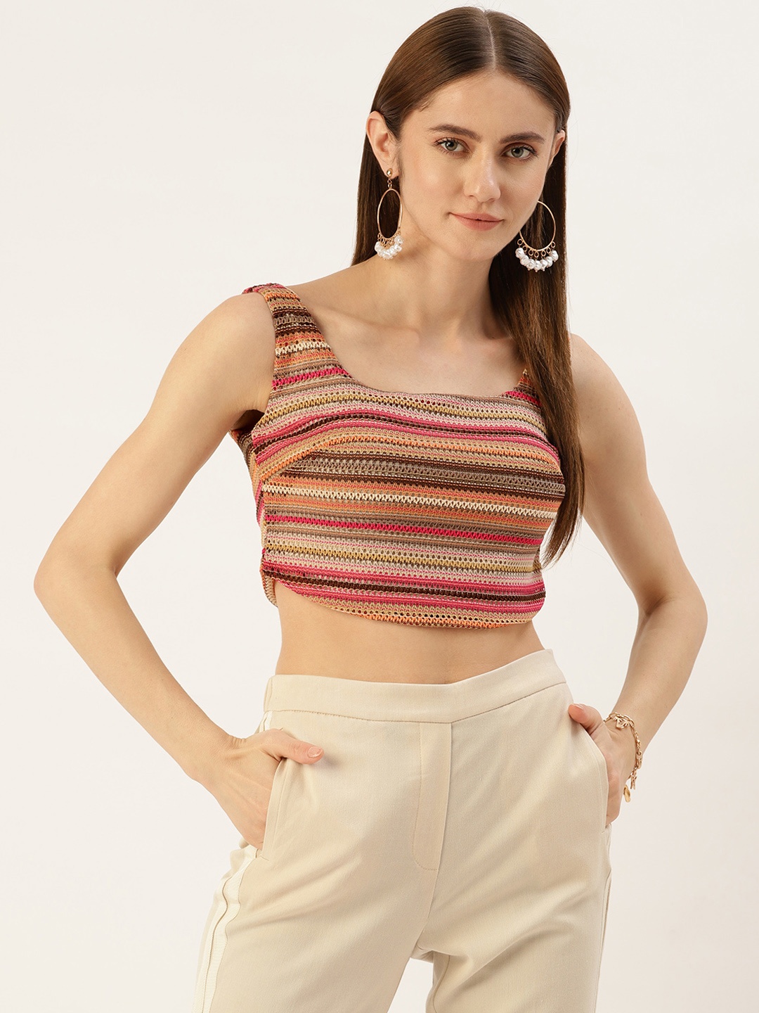 

Madame Crochet Striped Crop Top, Beige