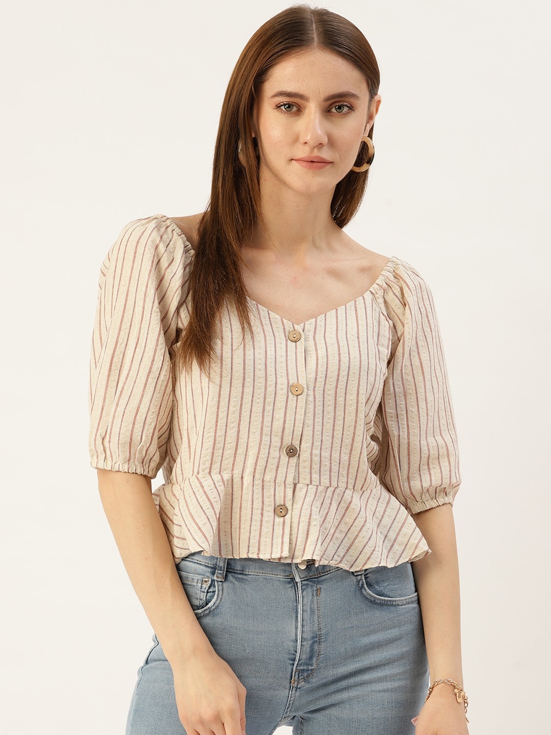 

Madame Striped Sweetheart Neck Top, Beige