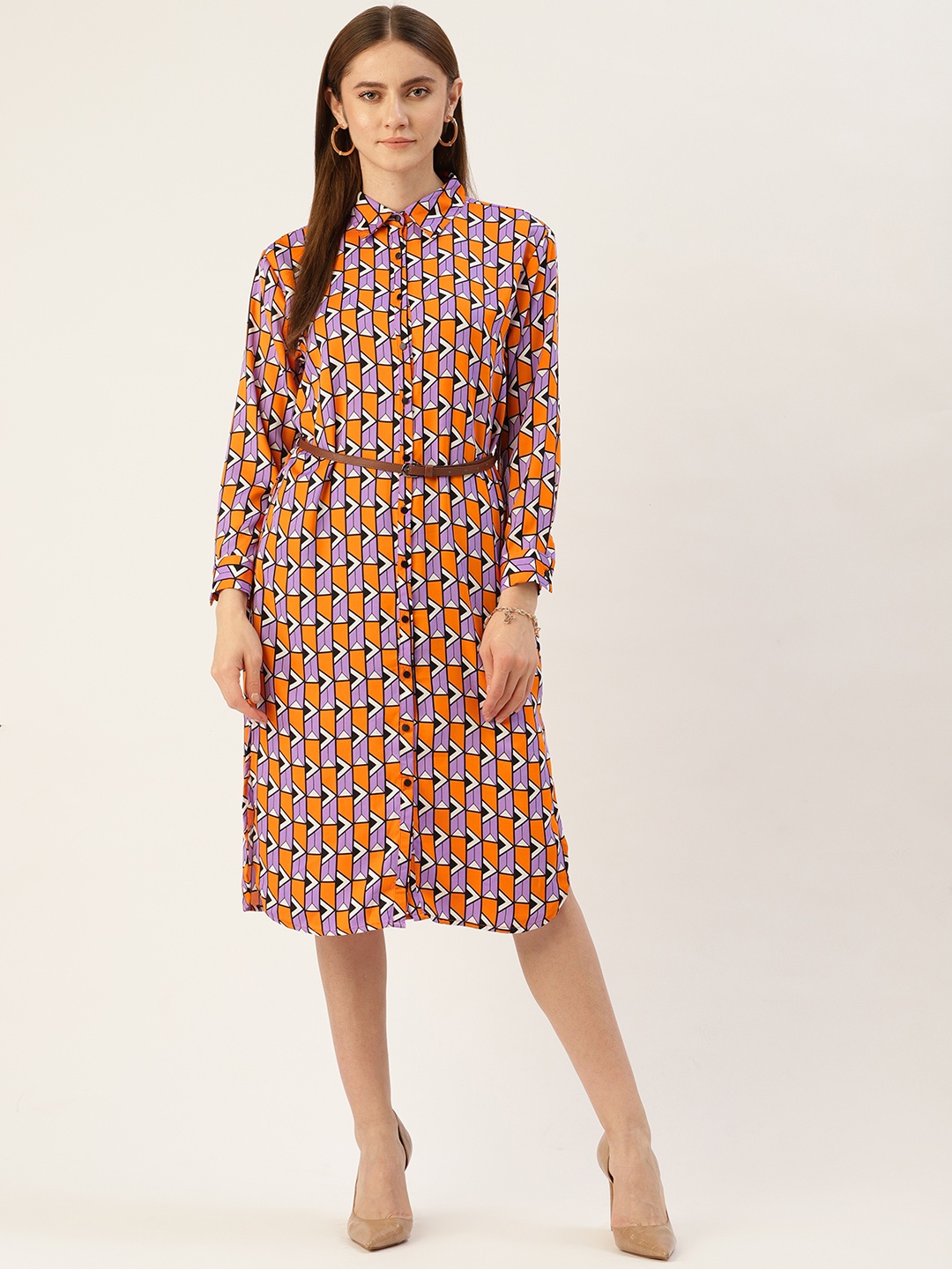 

Madame Geometric Printed Shirt Dress with Belt, Orange