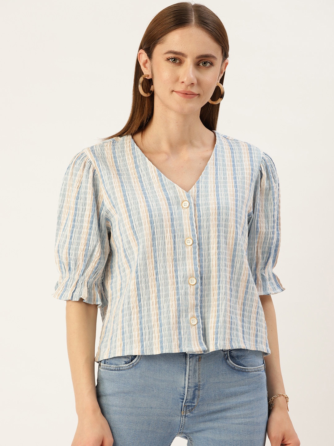 

Madame Striped Seersucker Shirt Style Top, Blue