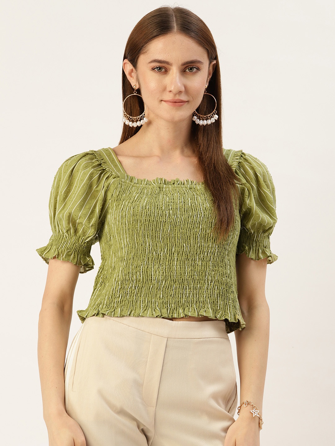 

Madame Striped Smocked Dobby Weave Crop Top, Olive