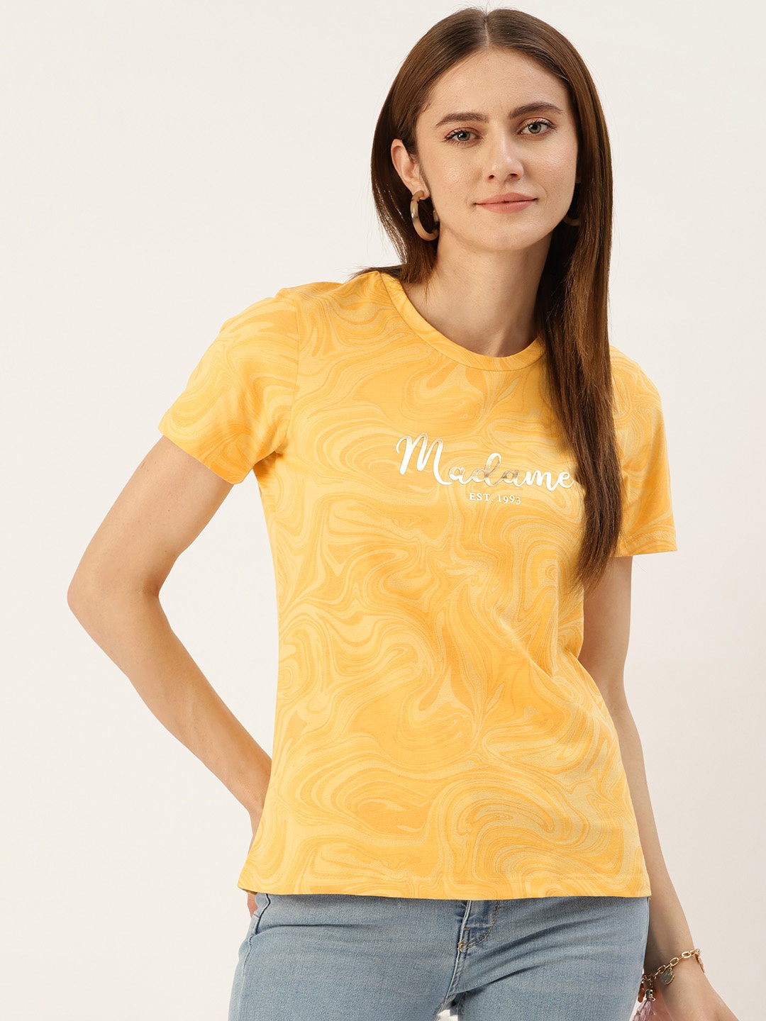 

Madame Brand Logo Abstract Printed Pure Cotton T-shirt, Mustard
