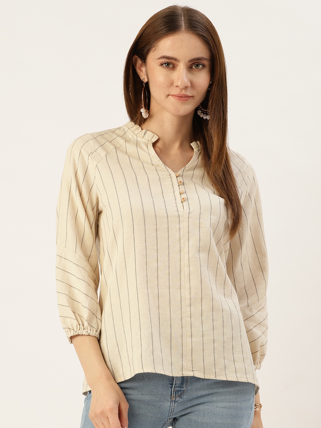 

Madame Striped Mandarin Collar Shirt Style Top, Beige