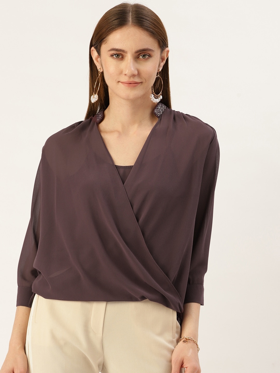 

Madame Mandarin Collar Wrap Top, Purple