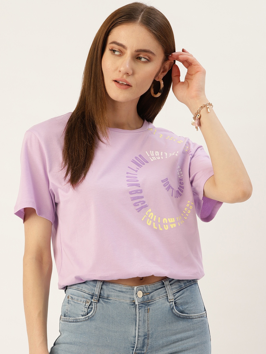Madame Typography Printed Pure Cotton Blouson Top, Lavender