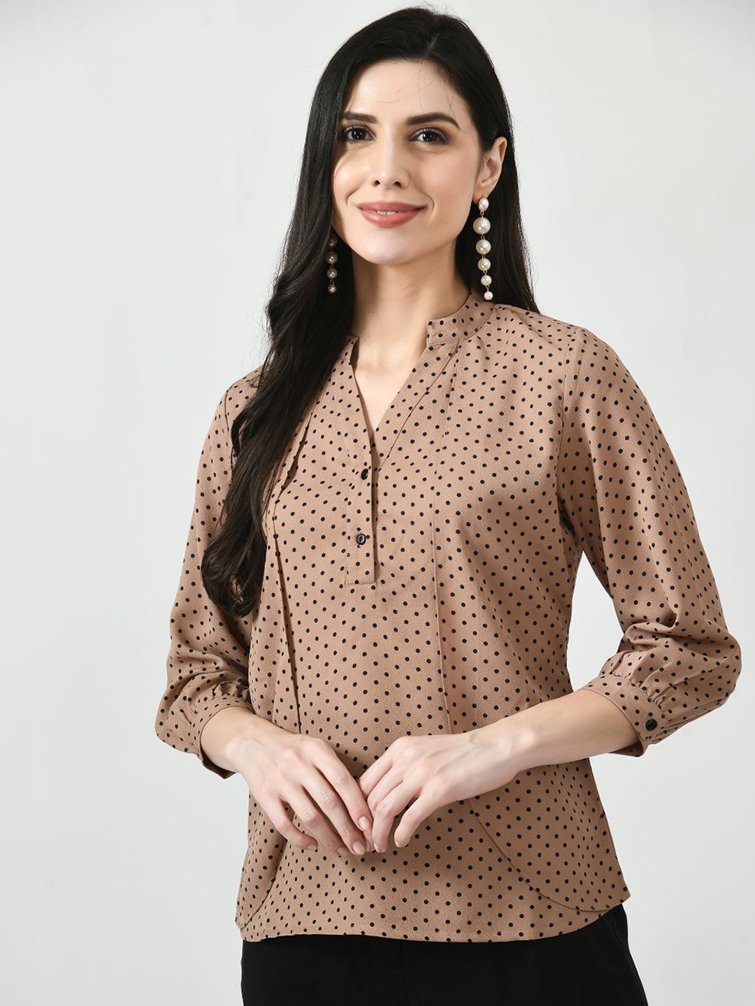 

MKOAL Print Mandarin Collar Crepe Top, Brown