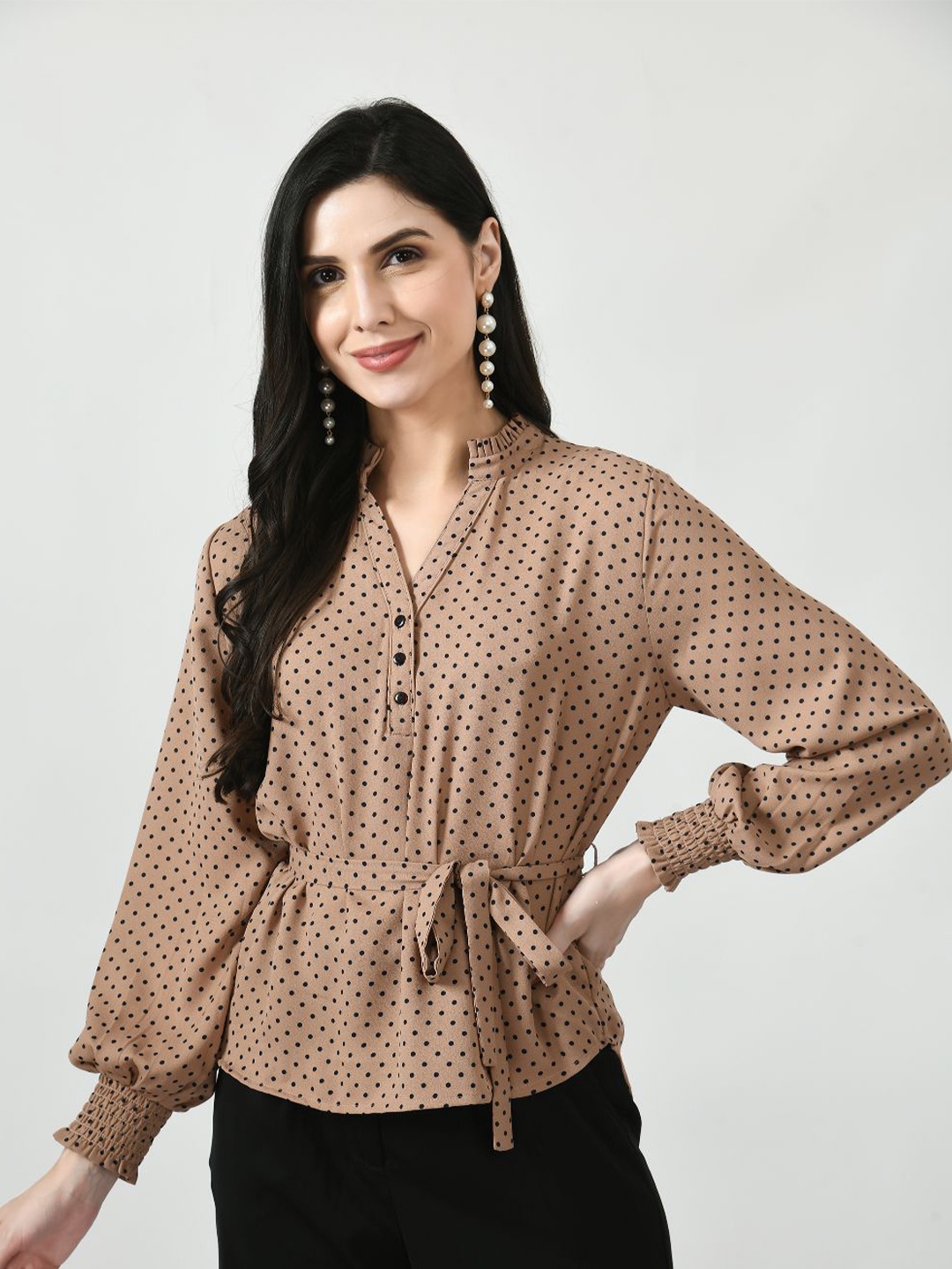 

MKOAL Polka Dots Print Mandarin Collar Crepe Cinched Waist Top, Brown