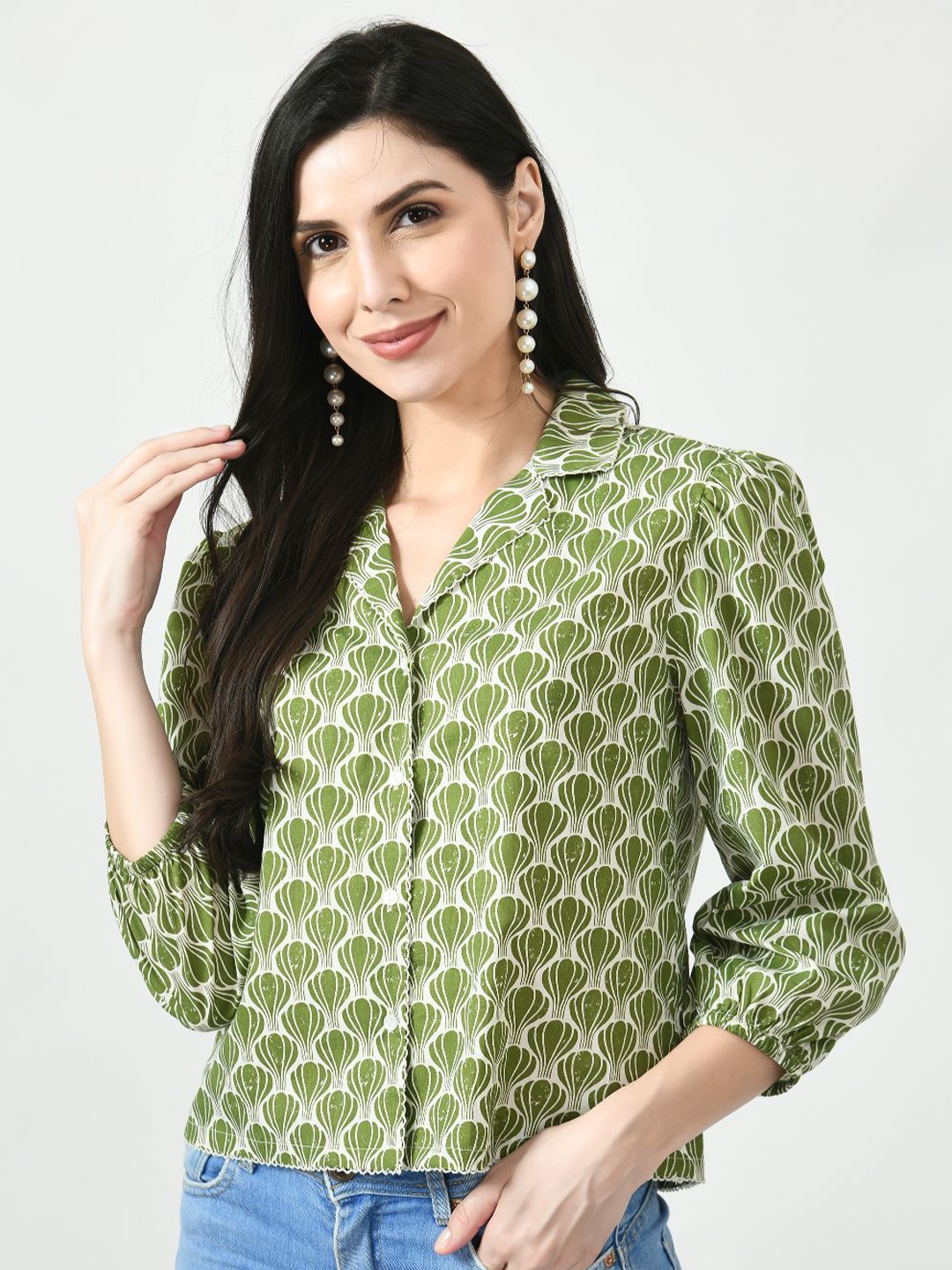 

MKOAL Print Shirt Style Top, Green