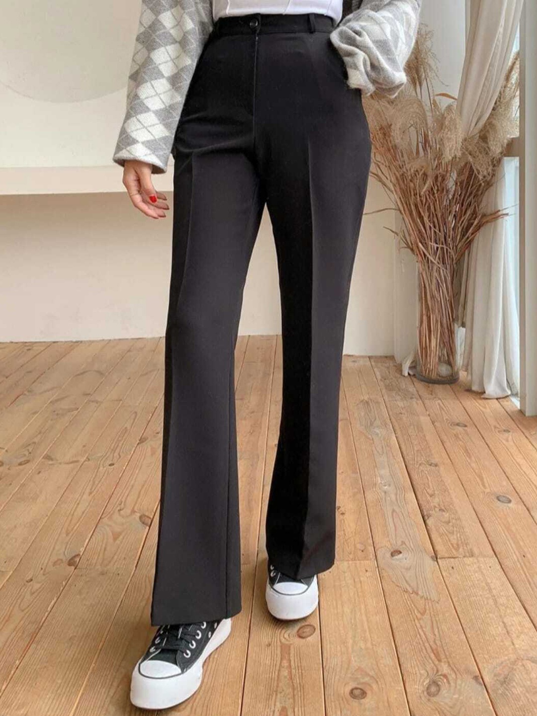 

BROADSTAR Women Classic Loose Fit Bootcut High-Rise Easy Wash Trousers, Black