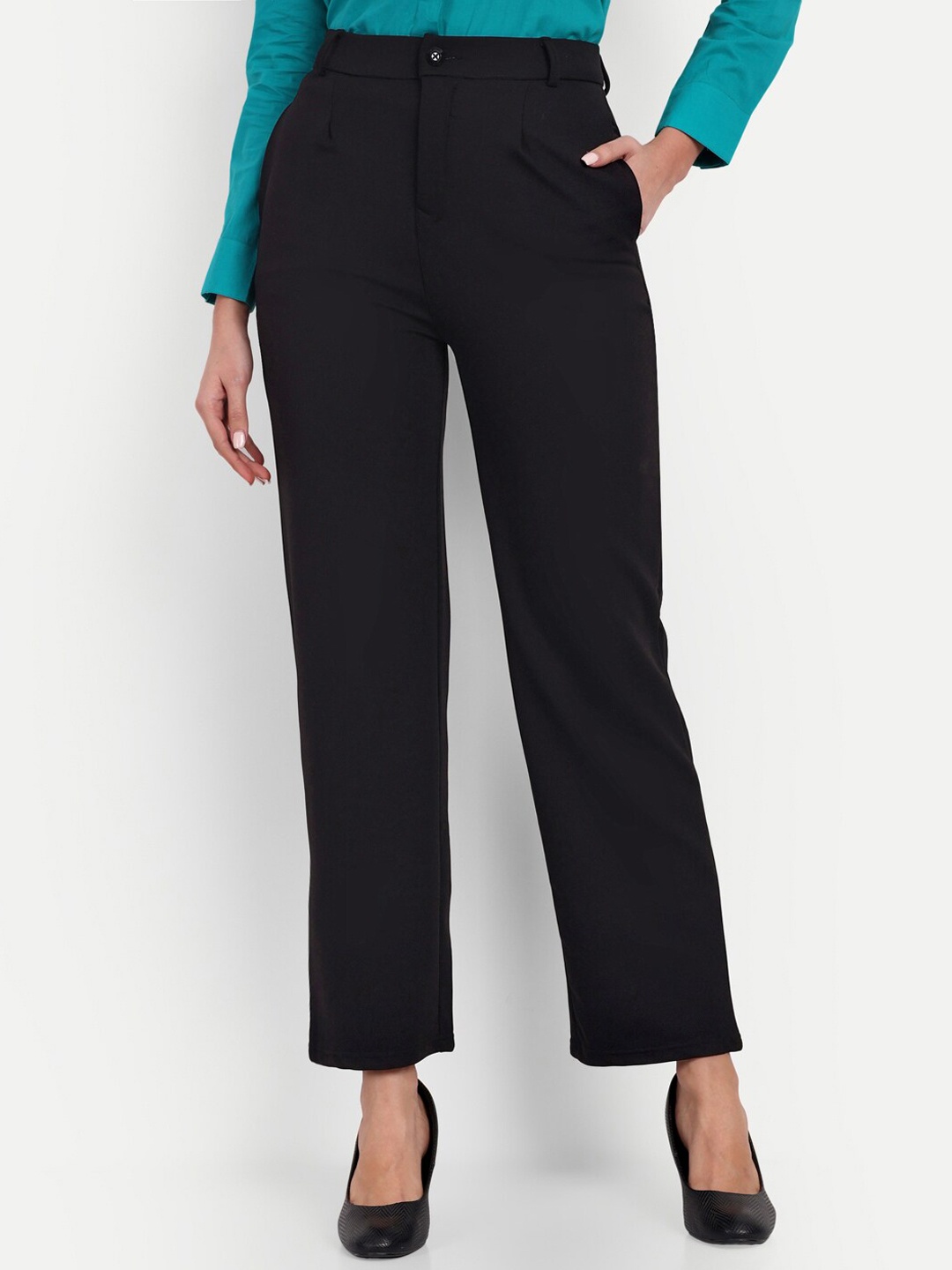 

BROADSTAR Women Classic Straight Fit High-Rise Easy Wash Formal Trousers, Black