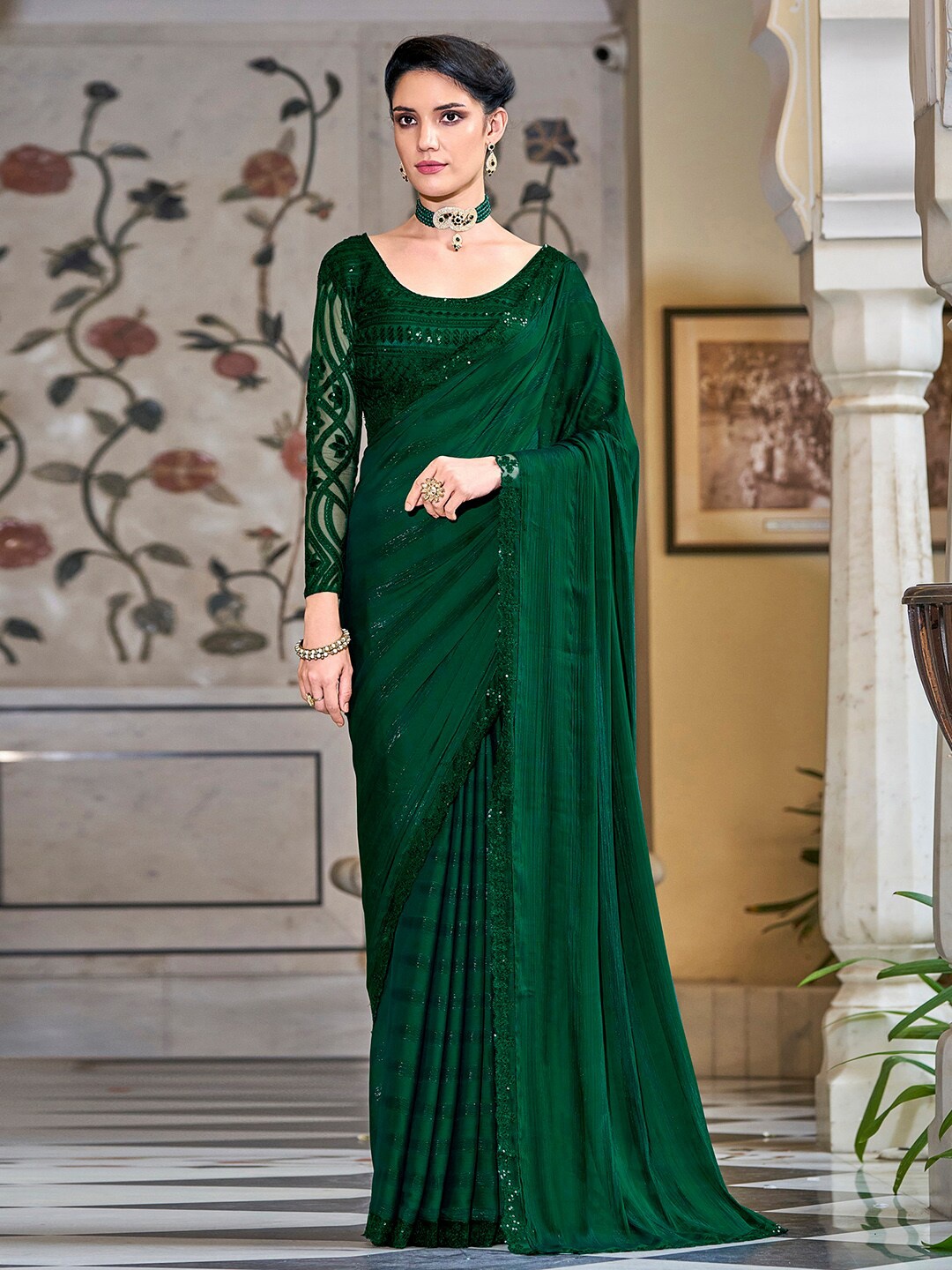 

Satrani Stirped Embellished Saree, Green