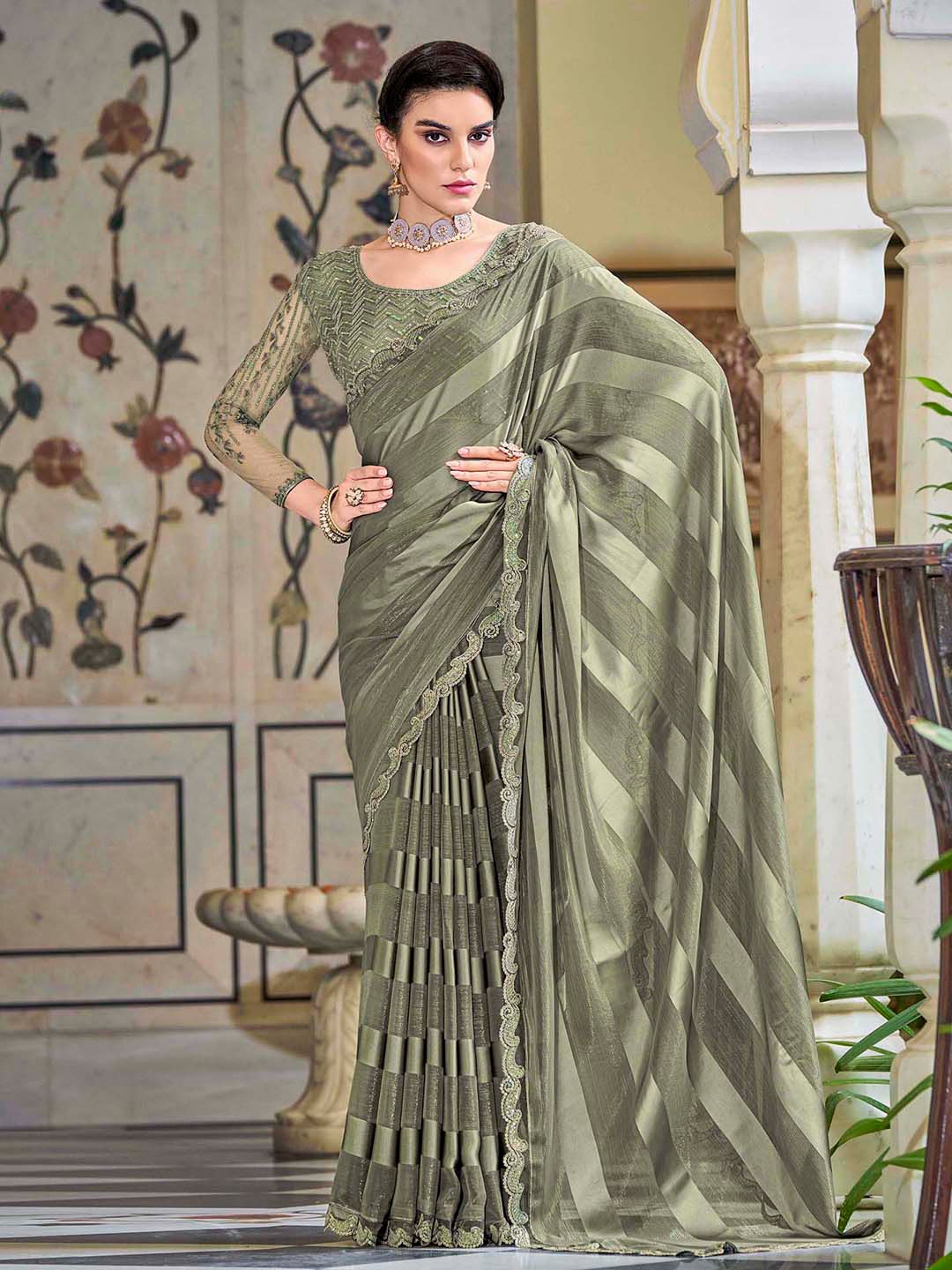 

Satrani Stirped Embellished Saree, Green