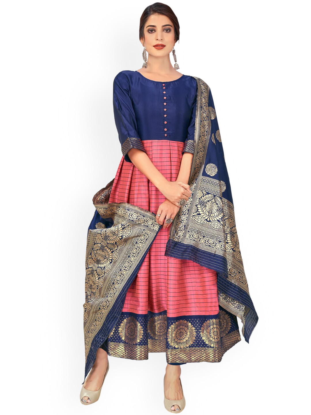 

Angroop Woven Design Banarasi Silk Jacquard Anarkali Kurta, Blue