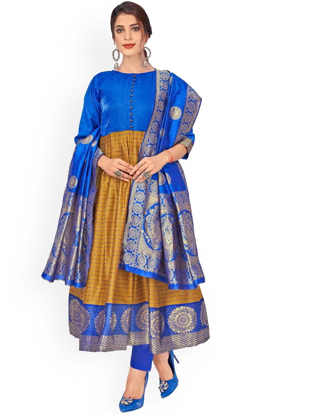 

Angroop Woven Design Banarasi Silk Jacquard Anarkali Kurta, Blue