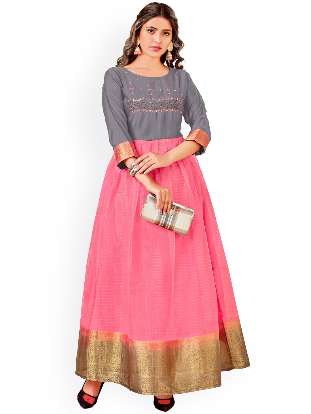 

Angroop Ethnic Motifs Embroidered Anarkali Kurta, Grey
