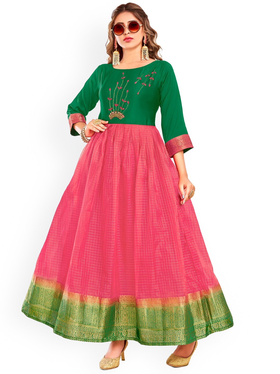 

Angroop Woven Handloom Anarkali Kurta, Green