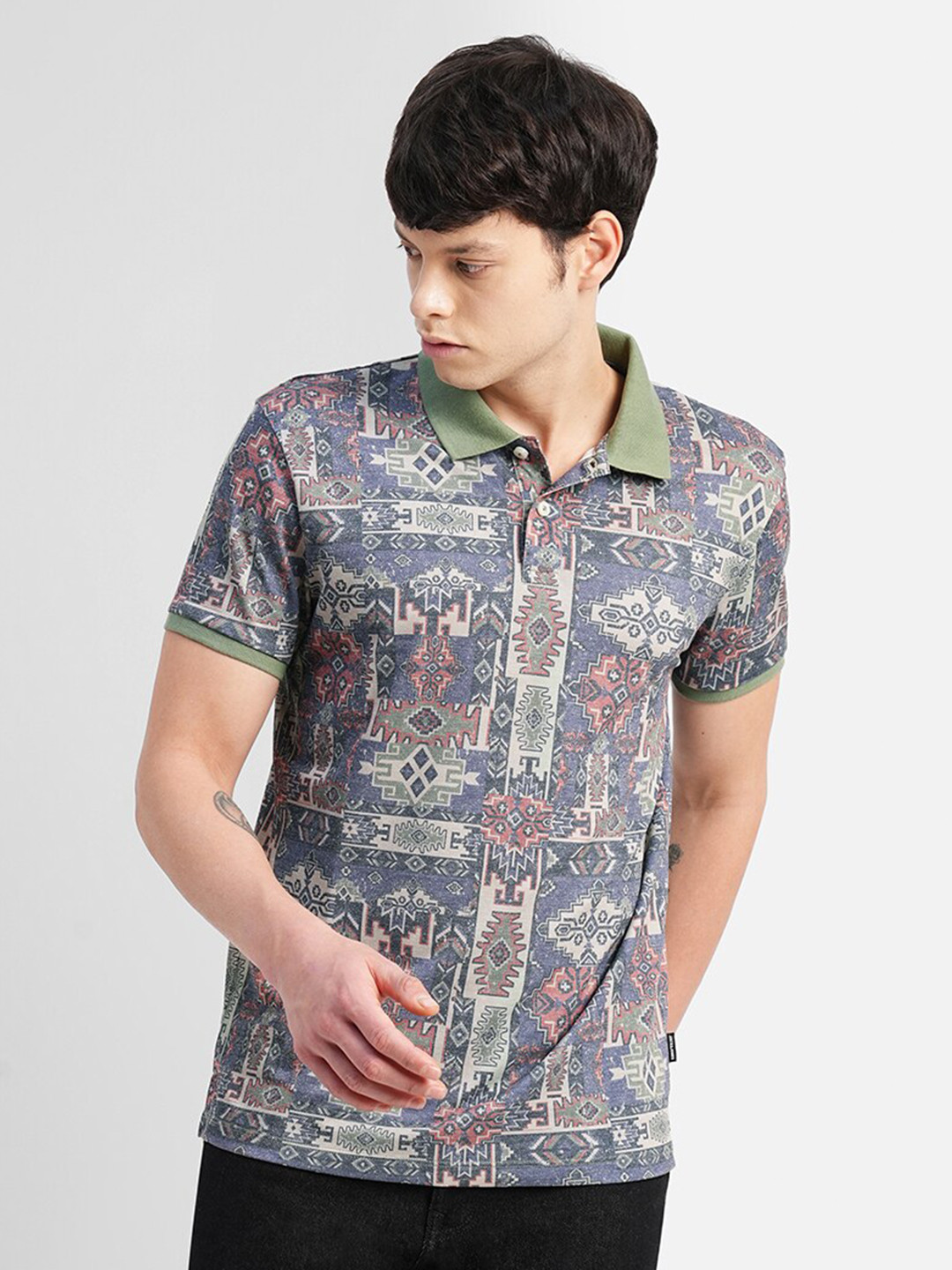 

Jack & Jones Abstract Printed Polo Collar Slim Fit Cotton T-shirt, Blue