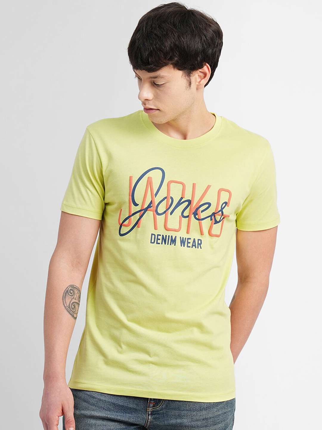 

Jack & Jones Short Sleeves Typography Printed Slim Fit Cotton T-shirt, Green
