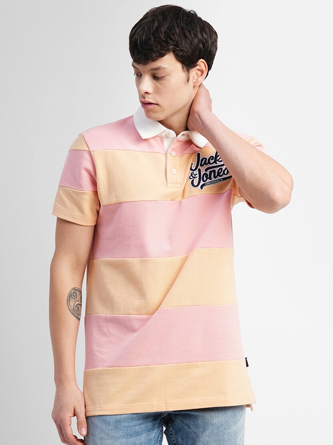 

Jack & Jones Striped Polo Collar Slim Fit Cotton T-shirt, Pink