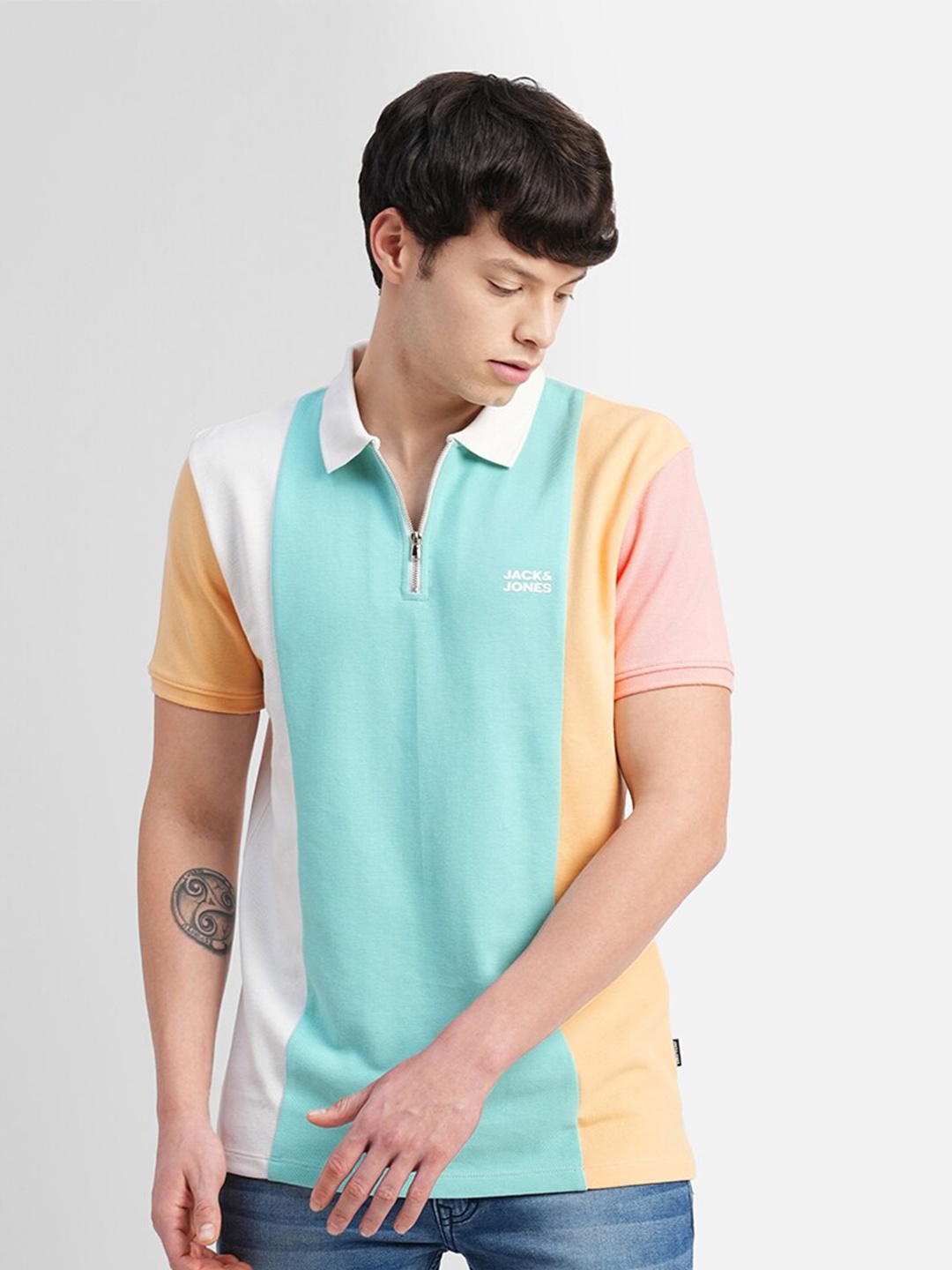 

Jack & Jones Colourblocked Polo Collar Slim Fit Cotton T-shirt, Sea green