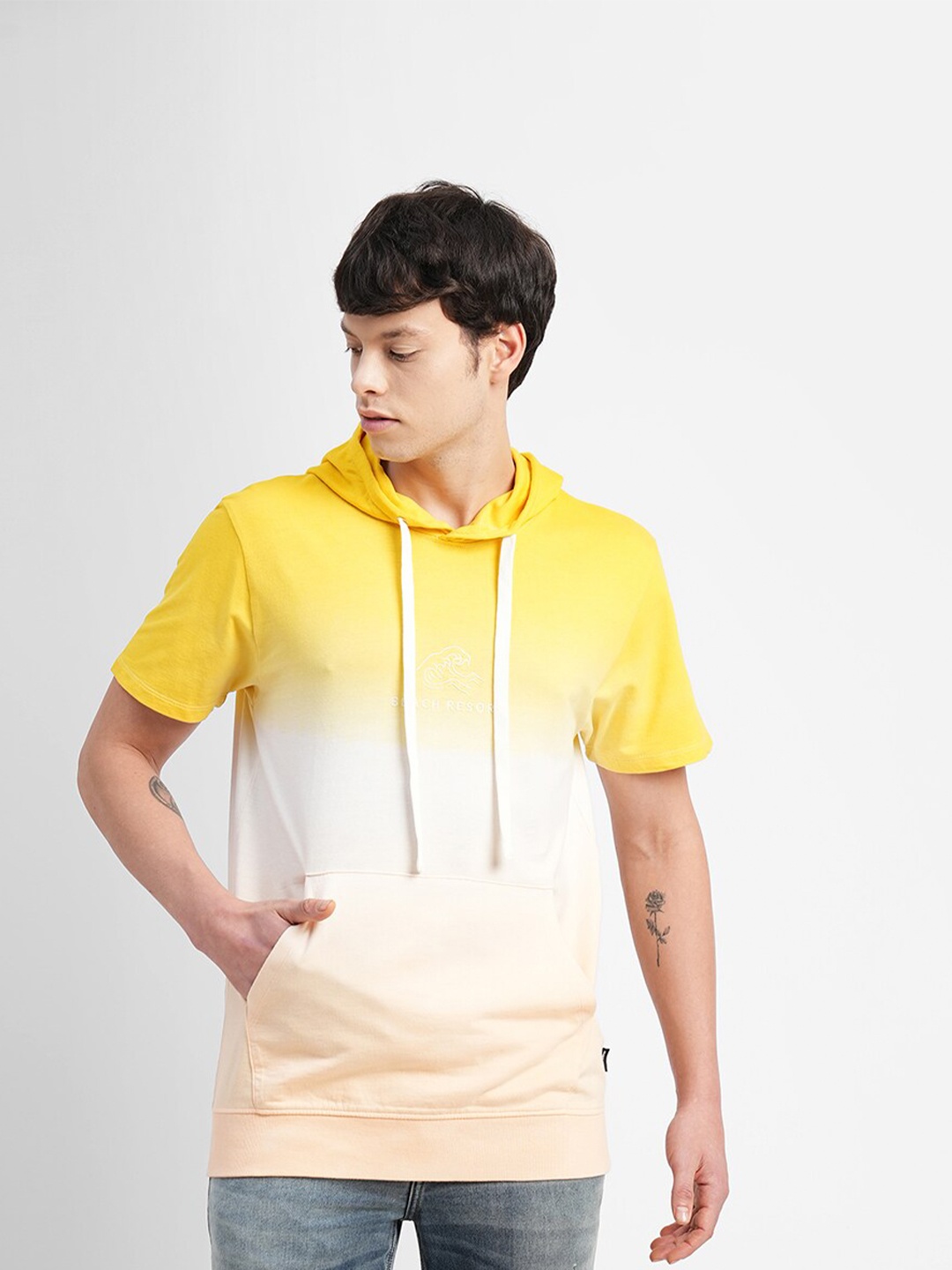 

Jack & Jones Colourblocked Polo Collar Slim Fit Hooded Cotton T-shirt, Yellow