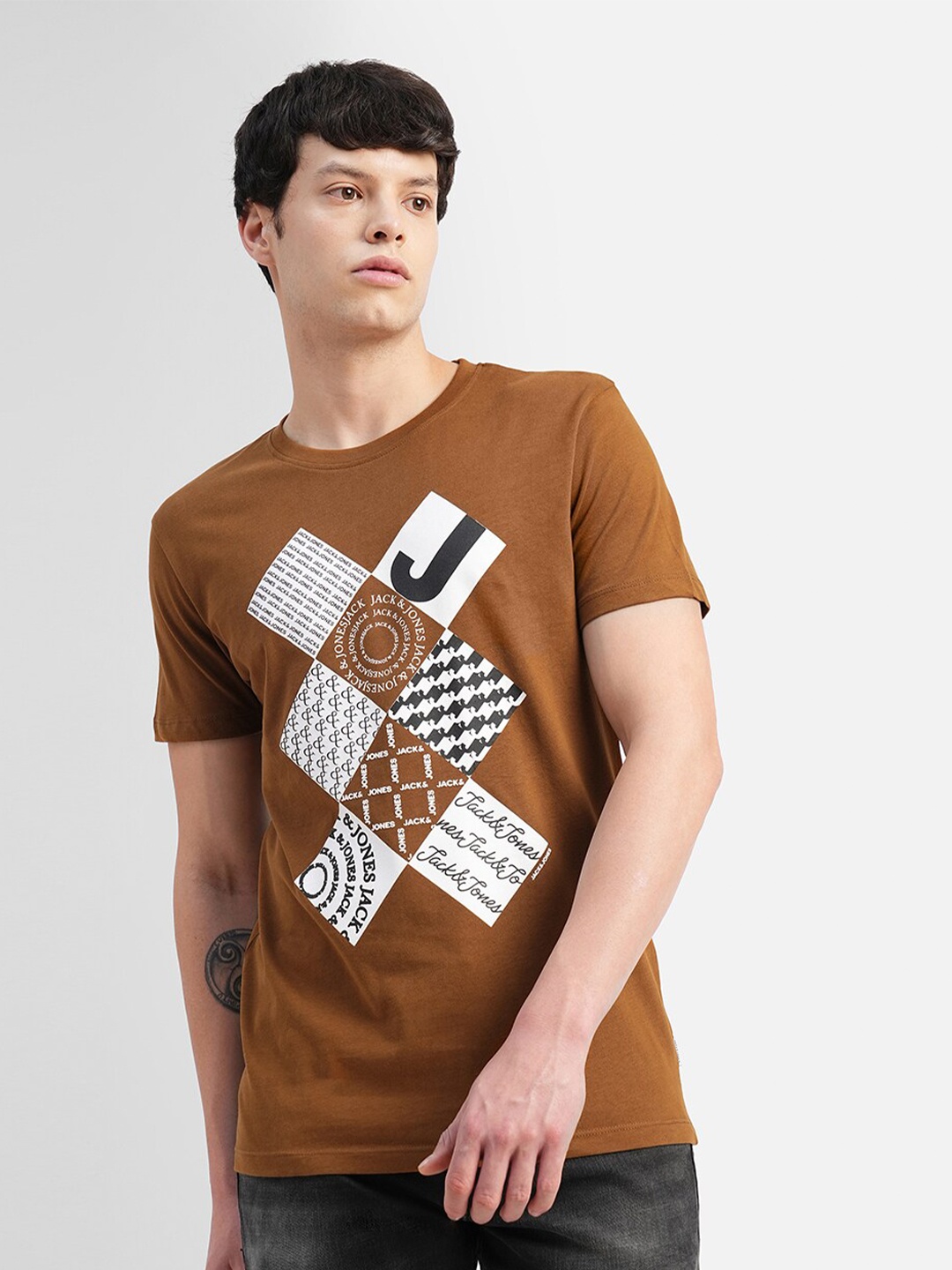

Jack & Jones Round Neck Typography Printed Slim Fit Cotton T-shirt, Brown