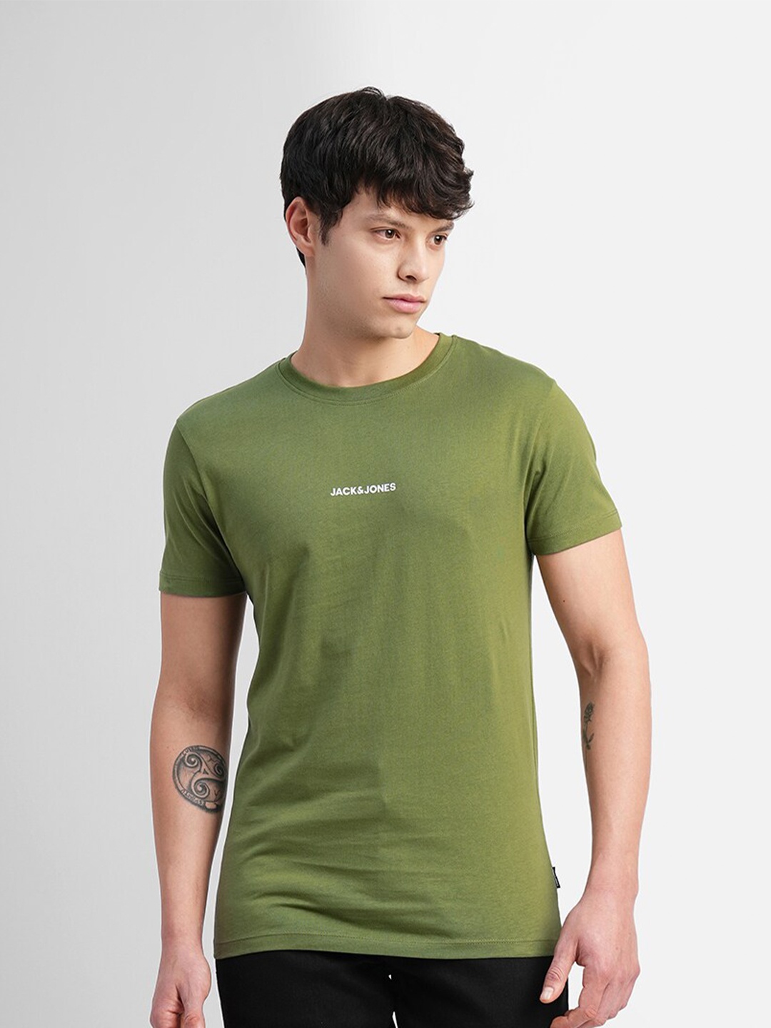 

Jack & Jones Round Neck Slim Fit Typography Printed Cotton T-shirt, Green