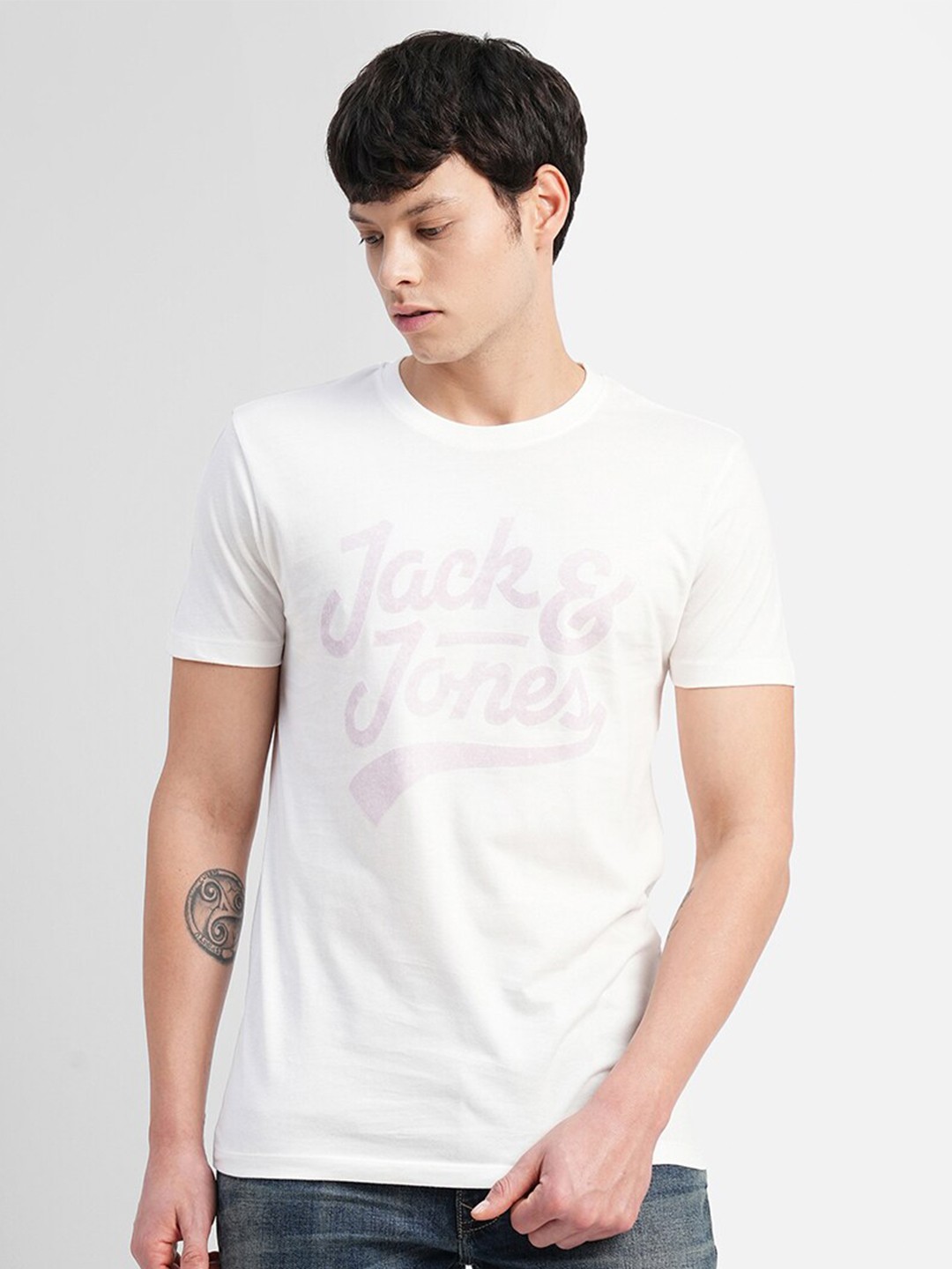 

Jack & Jones Round Neck Slim Fit Typography Printed Cotton T-shirt, White