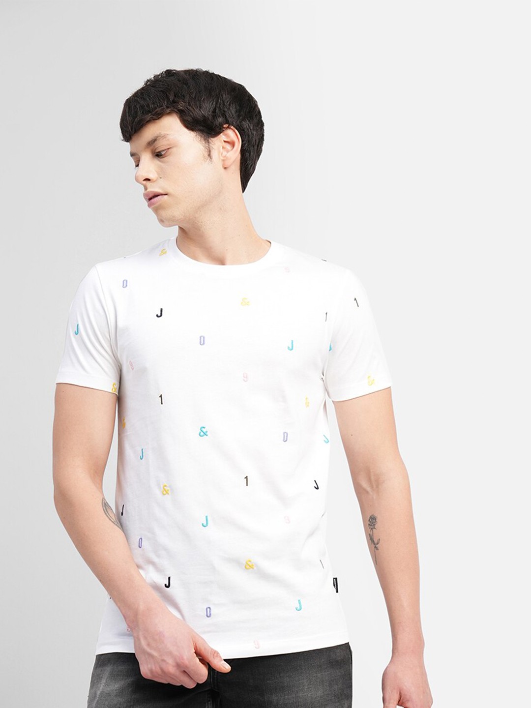 

Jack & Jones Round Neck Slim Fit Conversational Embroidered Cotton T-shirt, White