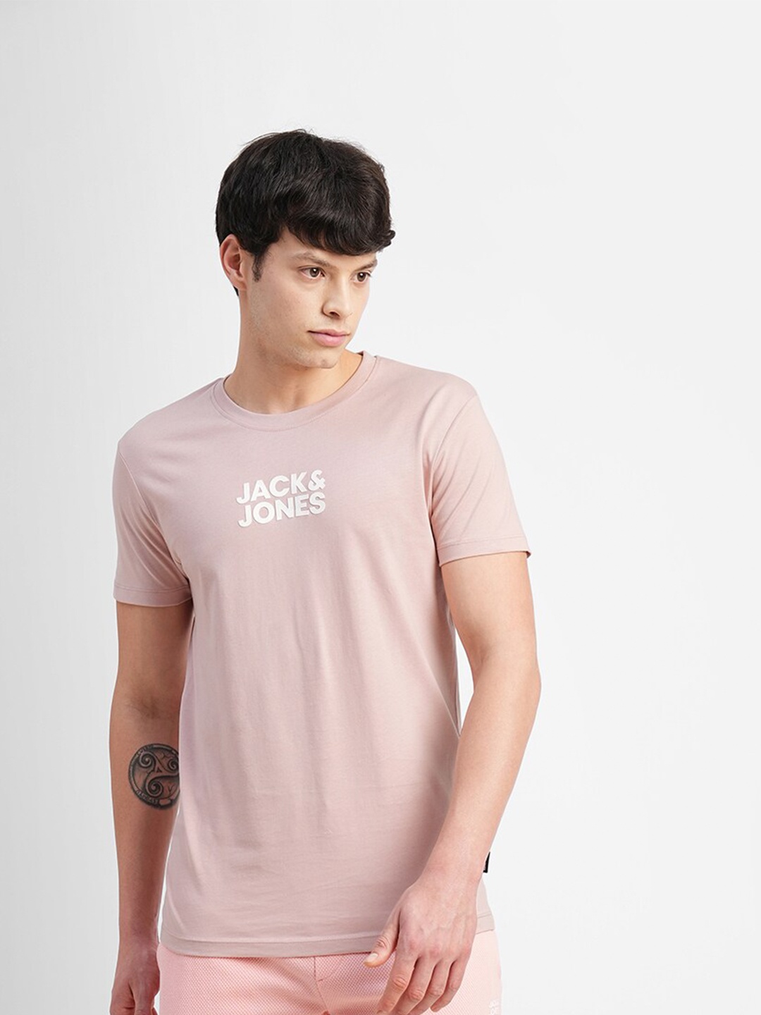 

Jack & Jones Round Neck Typography Printed Cotton Slim Fit T-shirt, Pink