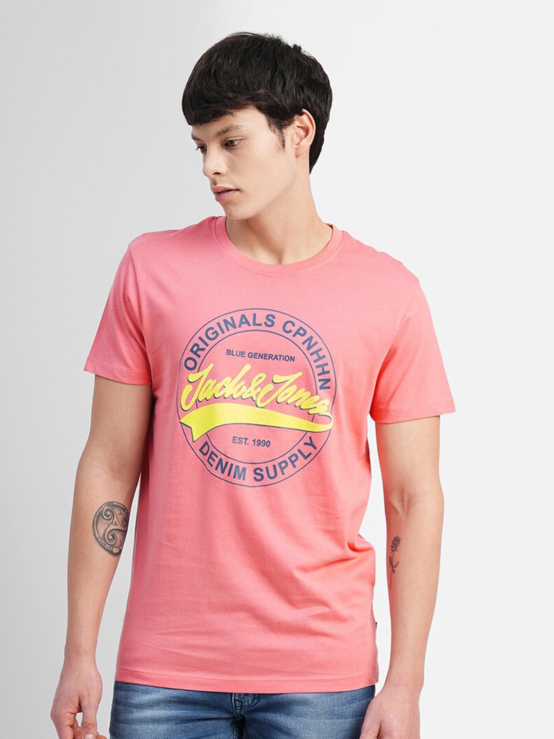

Jack & Jones Round Neck Typography Printed Cotton Slim Fit T-shirt, Pink