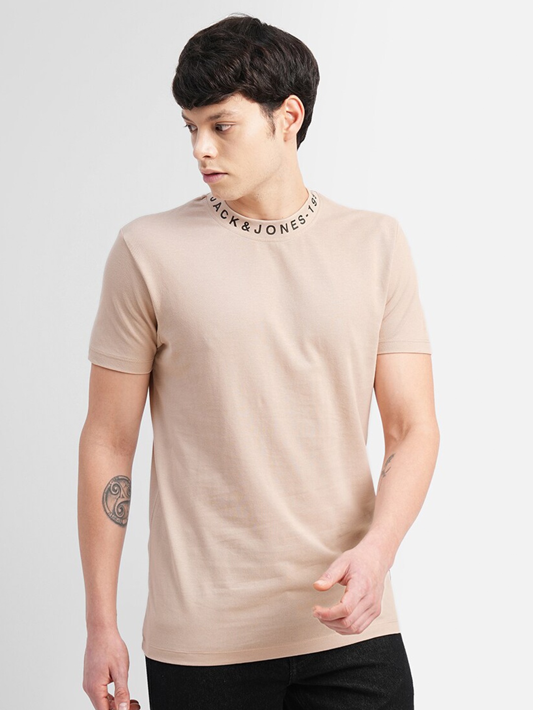 

Jack & Jones Round Neck Cotton Slim Fit T-shirt, Beige