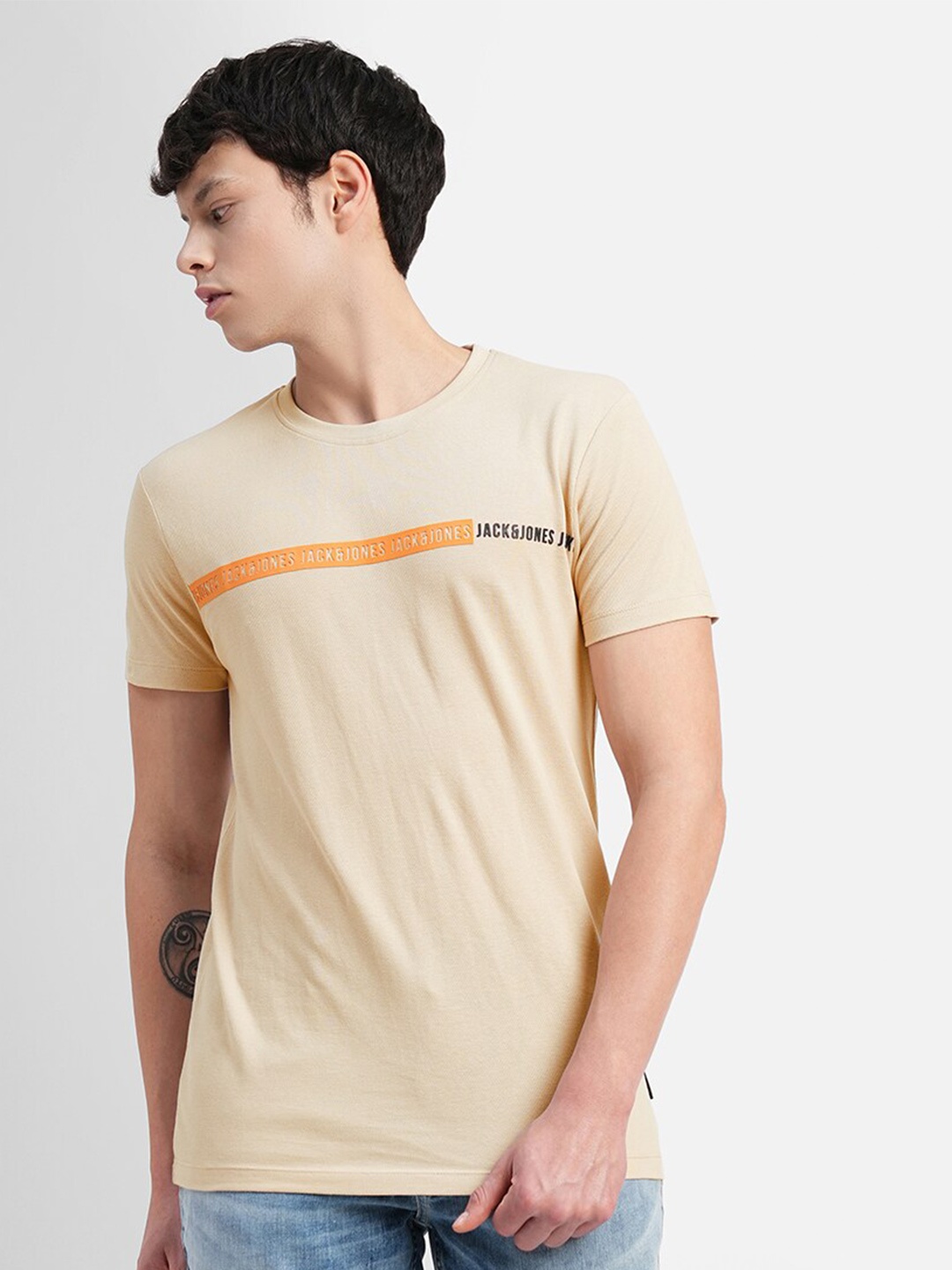 

Jack & Jones Typography Printed Slim Fit Cotton T-shirt, Beige
