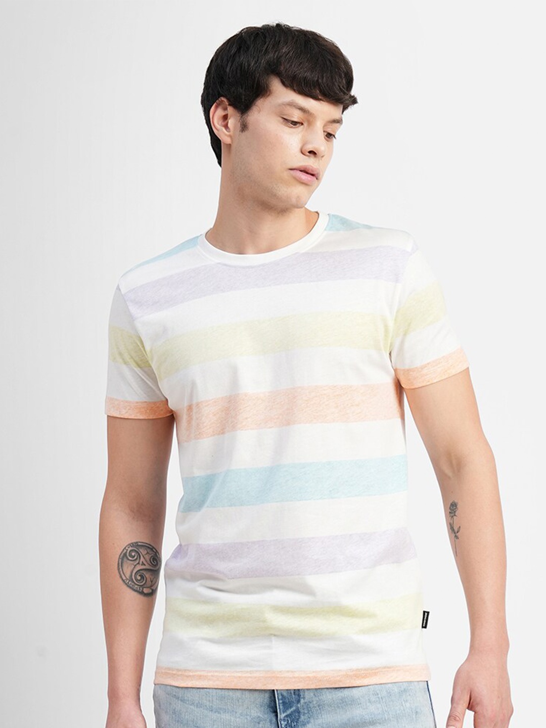 

Jack & Jones Men Striped Cotton Slim Fit T-shirt, White