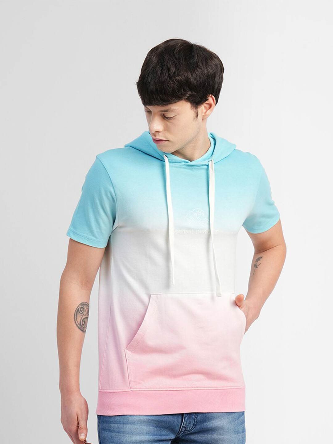 

Jack & Jones Men Colourblocked Ombre Hooded Cotton T-shirt, Blue