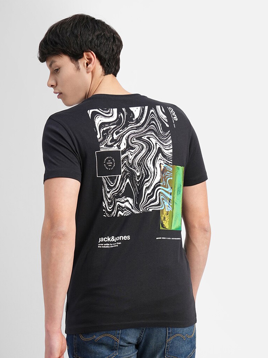 

Jack & Jones Men Abstract Printed Cotton Slim Fit T-shirt, Black