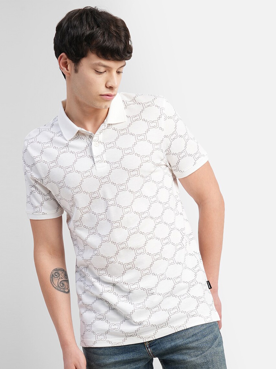 

Jack & Jones Men Geometric Printed Polo Collar Cotton Slim Fit T-shirt, White
