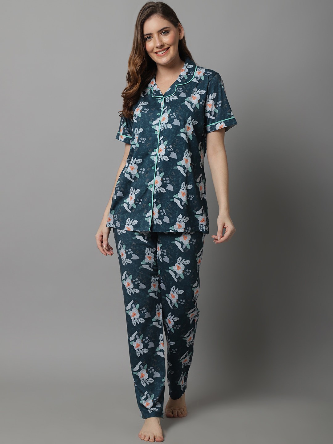 

Kanvin Floral Printed Night Suit, Teal