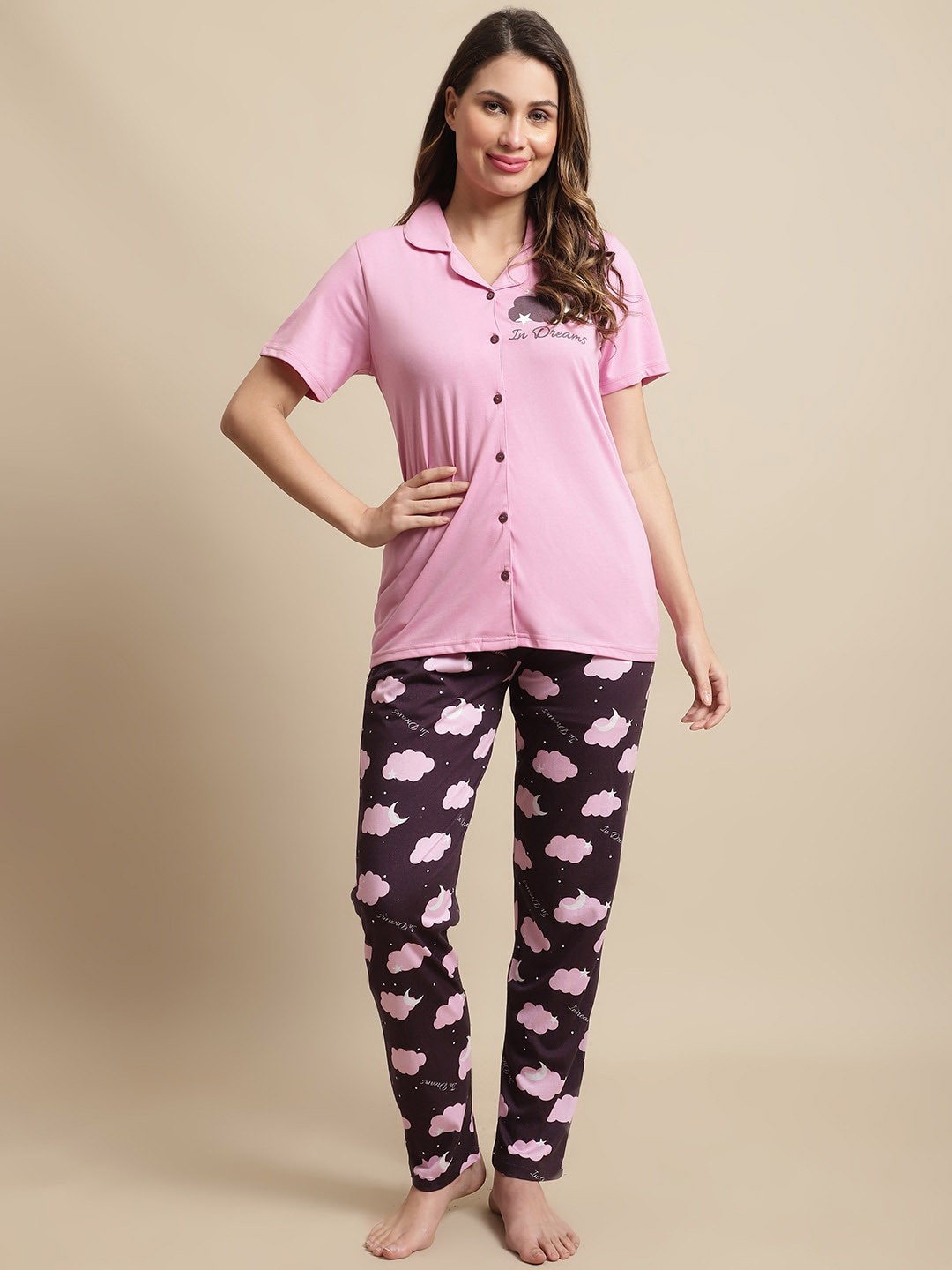 

Kanvin Conversational Printed Night Suit, Pink