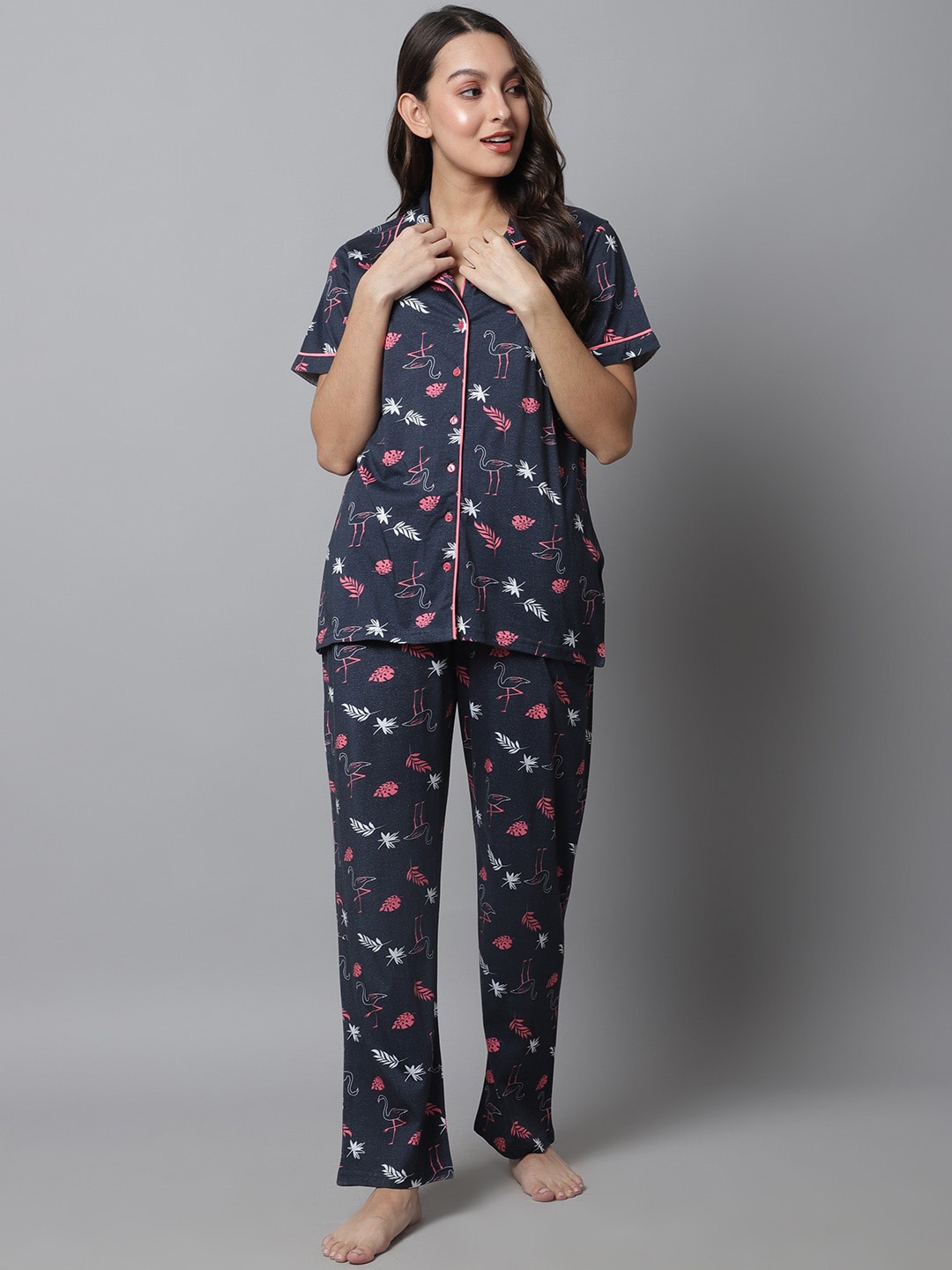 

Kanvin Floral Printed Night Suit, Navy blue
