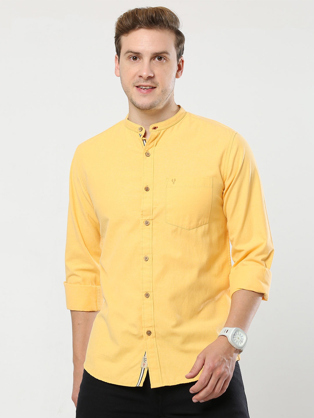 

VUDU Mandarin Collar Comfort Casual Shirt, Yellow