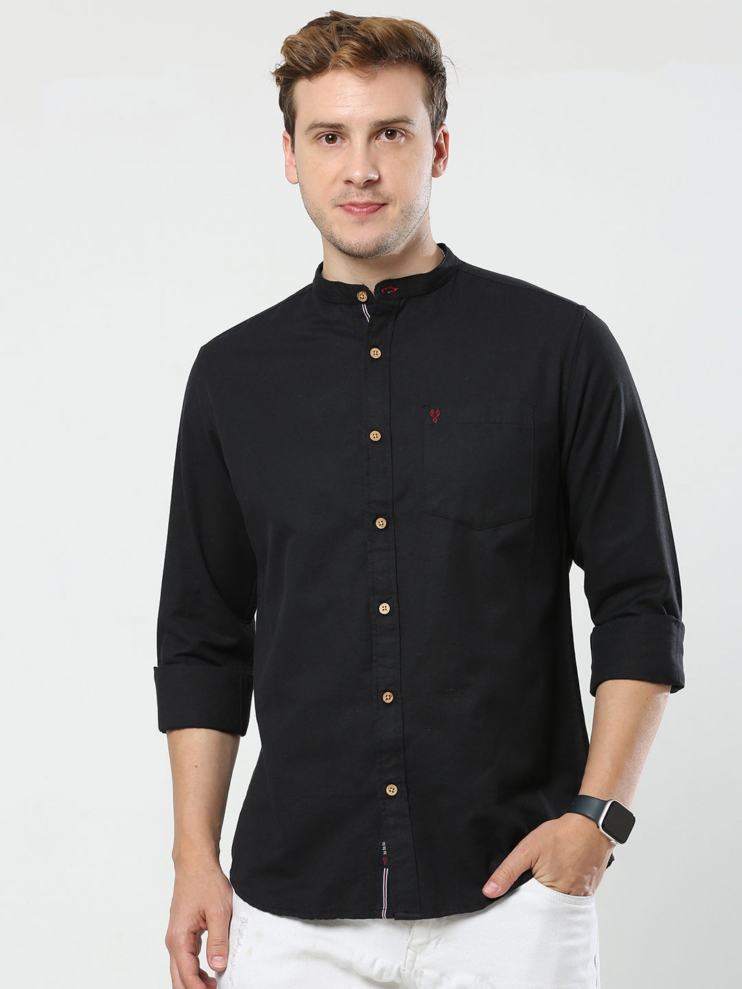 

VUDU Comfort Band Collar Cotton Casual Shirt, Black