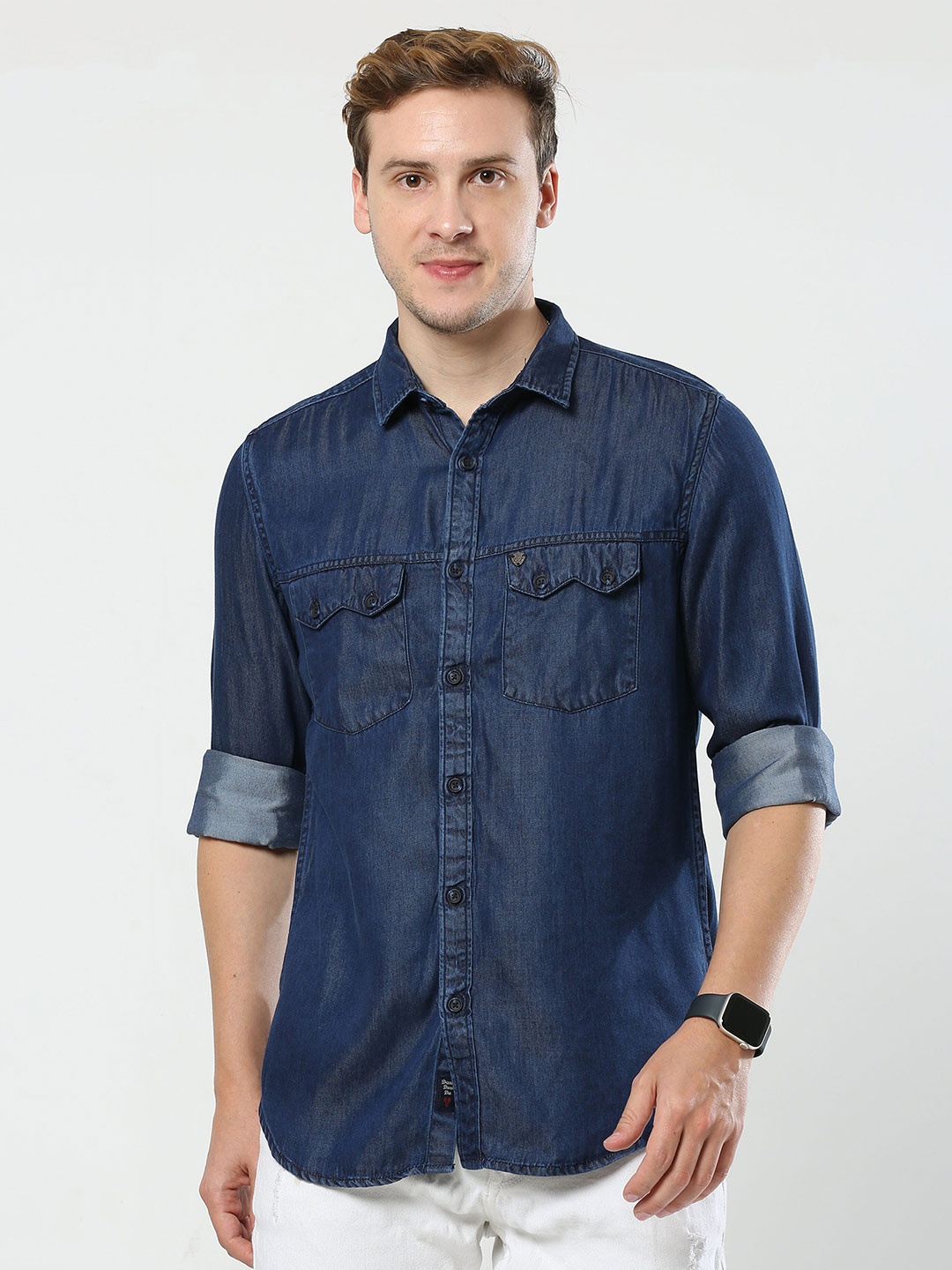 

VUDU Comfort Spread Collar Cotton Casual Shirt, Navy blue