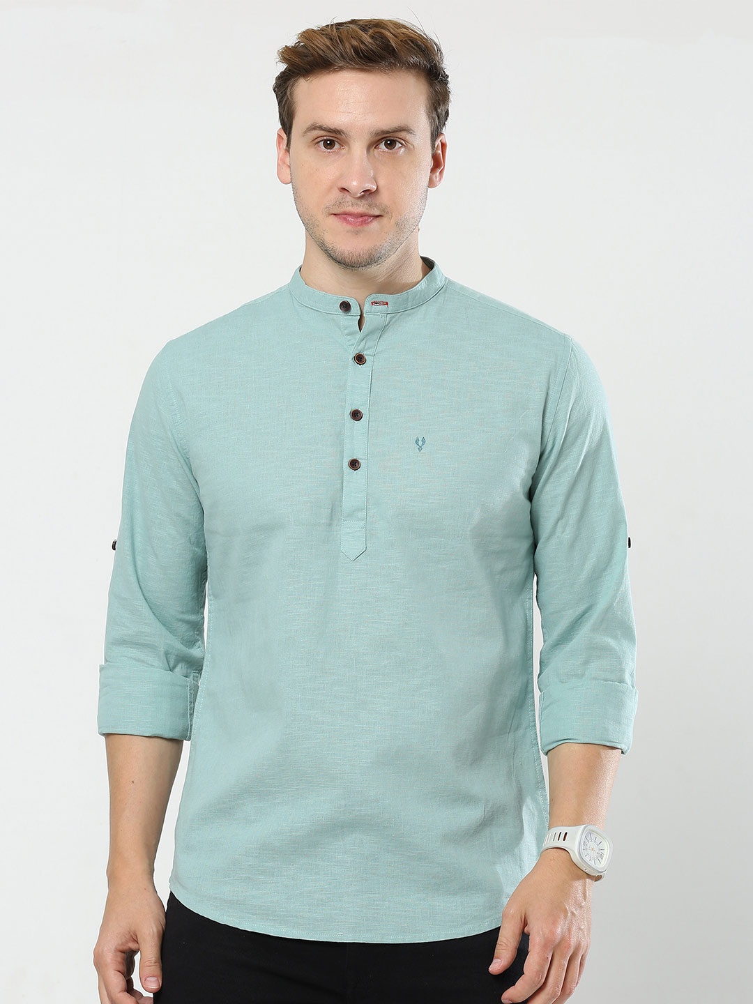 

VUDU Mandarin Collar Comfort Casual Shirt, Olive