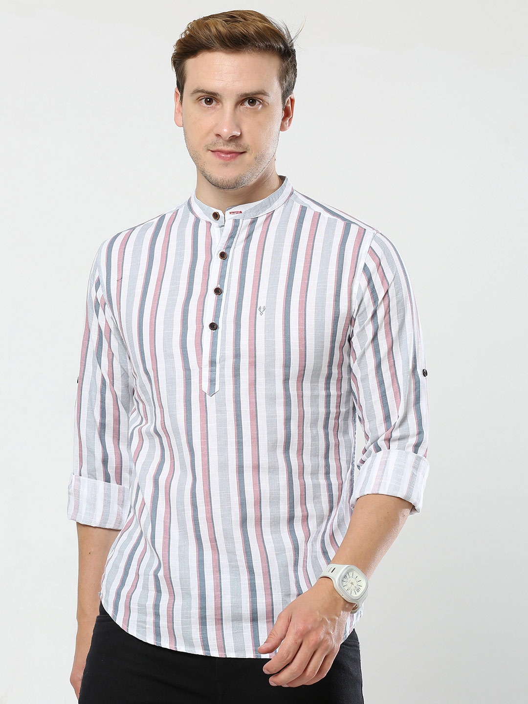 

VUDU Comfort Band Collar Vertical Striped Cotton Casual Shirt, Pink