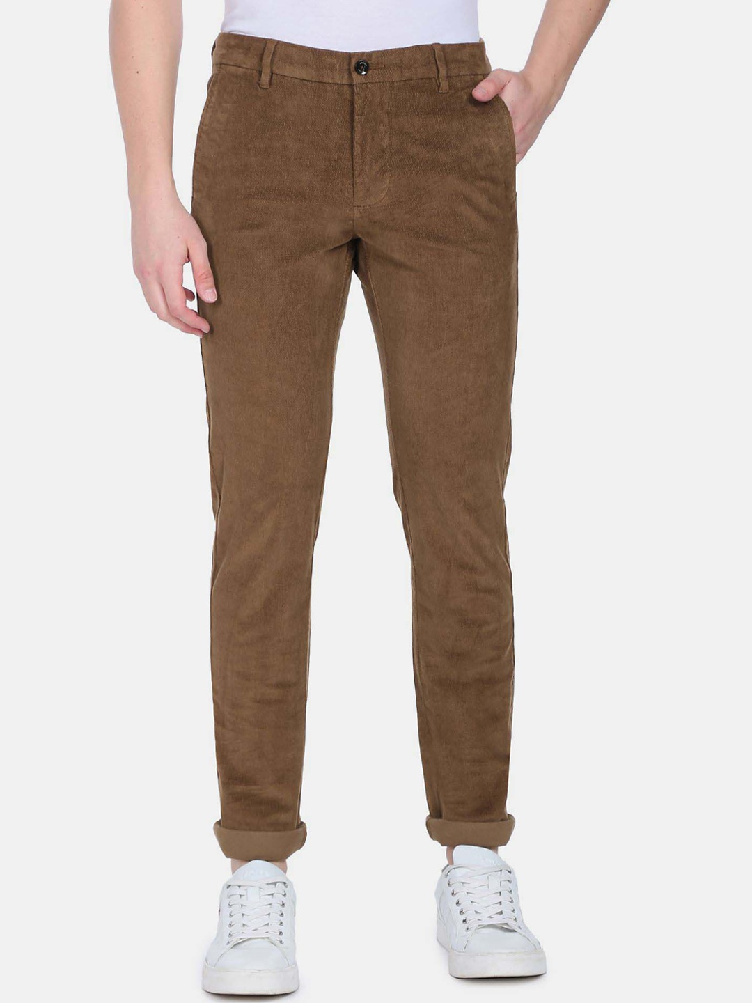 

Arrow Sport Men Slim Fit Textured Low-Rise Cotton Chinos, Brown